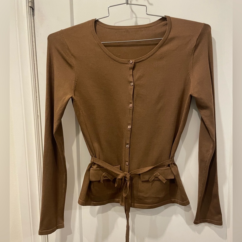 Silk Brown Button-Up Women's cardigan with tie waist - Picture 2 of 16